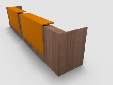 Quadrifoglio Z2 Empfangstheke C12 Walnuss 486cm Blende:Lack/orange Gestell:weiss