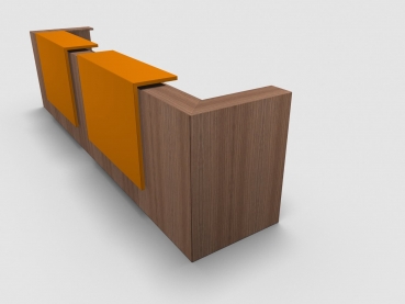 Quadrifoglio Z2 Empfangstheke C20 Walnuss 405cm Blende:Lack/orange Gestell:silbern