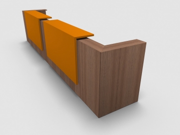 Quadrifoglio Z2 Empfangstheke C22 Walnuss 485cm Blende:Lack/orange Gestell:silbern