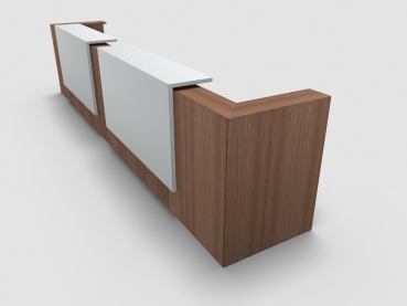Quadrifoglio Z2 Empfangstheke C22 Walnuss 485cm Blende:Lack/weiss Gestell:silbern