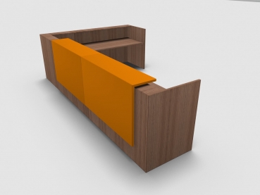 Quadrifoglio Z2 Empfangstheke C26 Walnuss 406x211cm Form:L Blende:Lack/orange Gestell:silbern