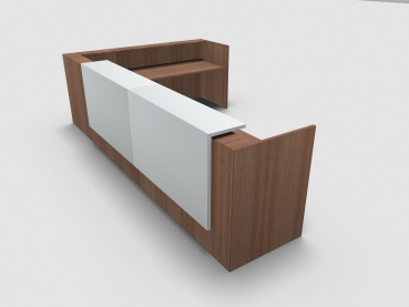 Quadrifoglio Z2 Empfangstheke C26 Walnuss 406x211cm Form:L Blende:Lack/weiss Gestell:silbern