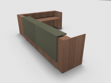 Quadrifoglio Z2 Empfangstheke C26 Walnuss 406x211cm Form:L Blende:Lack/gruen Gestell:silbern