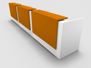 Quadrifoglio Z2 Empfangstheke C36 weiss 492cm Blende:Lack/orange Gestell:silbern