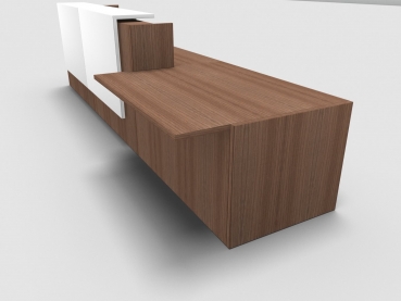 Quadrifoglio Z2 Empfangstheke C45 Walnuss 426cm Tisch:links Blende:weiss Gestell:silbern