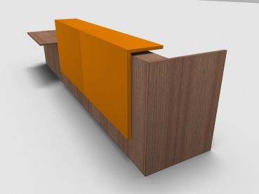 Quadrifoglio Z2 Empfangstheke C50 Walnuss 426cm Tisch:rechts Blende:Lack/orange Gestell:weiss