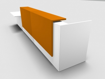 Quadrifoglio Z2 Empfangstheke C51 weiss 466cm Tisch:rechts Blende:Lack/orange Gestell:silbern