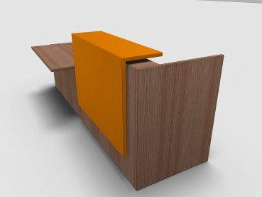 Quadrifoglio Z2 Empfangstheke C57 Walnuss 286cm Tisch:rechts Blende:Lack/orange Gestell:silbern