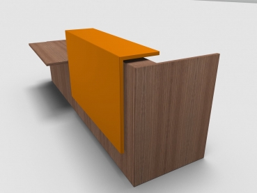 Quadrifoglio Z2 Empfangstheke C58 Walnuss 306cm Tisch:rechts Blende:Lack/orange Gestell:silbern