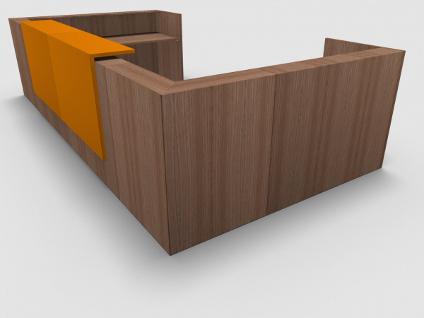 Quadrifoglio Z2 Empfangstheke C30 Walnuss 445x231cm Form:U Blende:Lack/orange Gestell:weiss