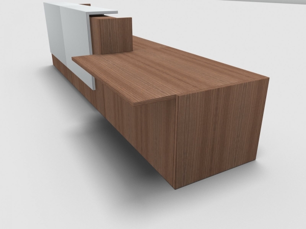 Quadrifoglio Z2 Empfangstheke C45 Walnuss 426cm Tisch:links Blende:Lack/weiss Gestell:weiss
